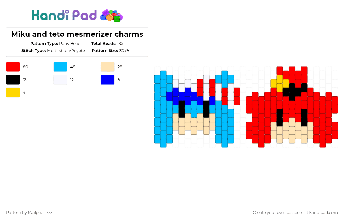 Miku and teto mesmerizer charms - Pony Bead Pattern by imalittlealpha on Kandi Pad - red,light blue,vocaloid,miku,teto,mesmerizer