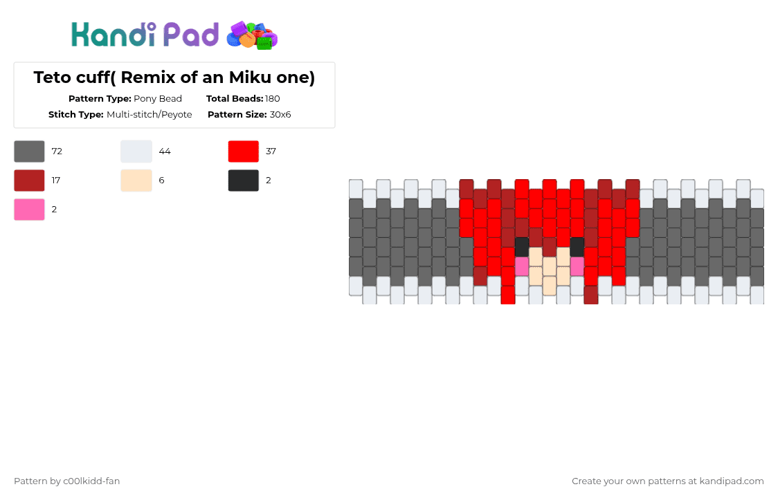 Teto cuff( Remix of an Miku one) - Pony Bead Pattern by deleted_user_748426 on Kandi Pad - red,gray