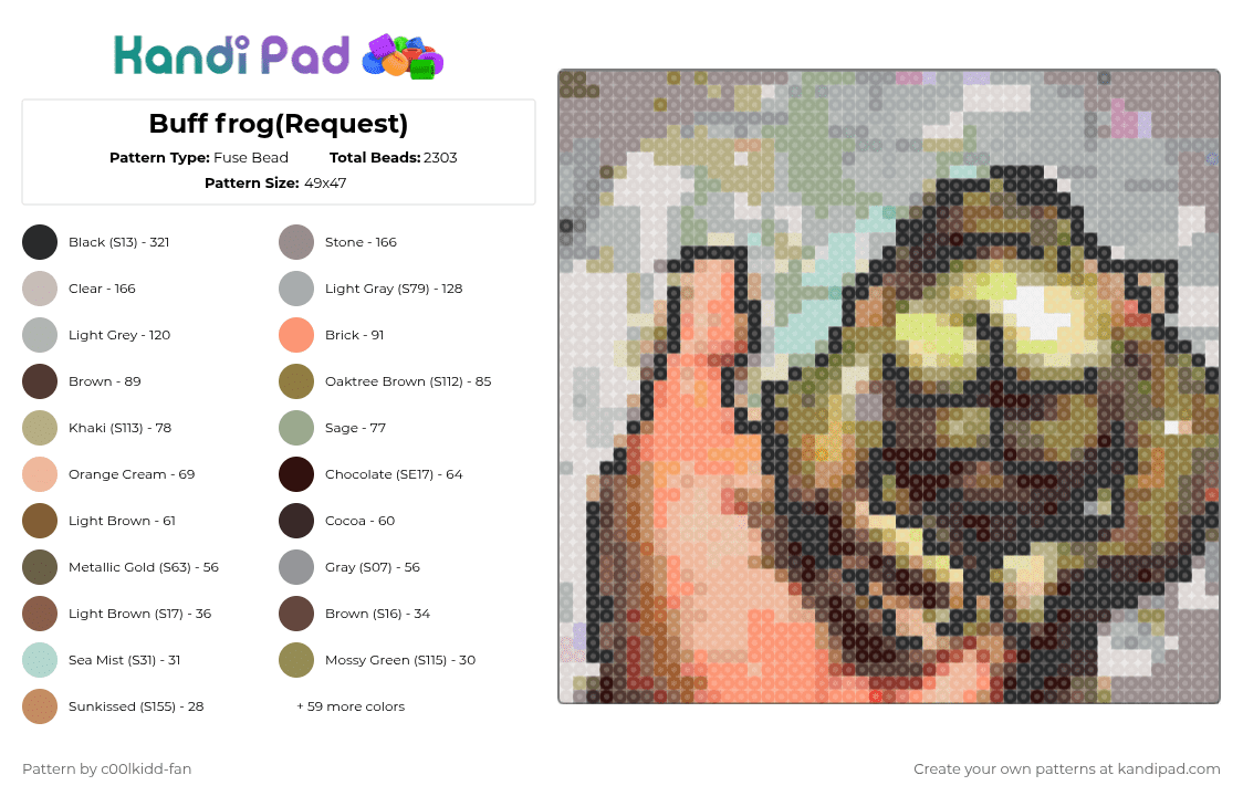 Buff frog(Request) - Fuse Bead Pattern by deleted_user_748426 on Kandi Pad - gray,gold,brown,orange,colorful