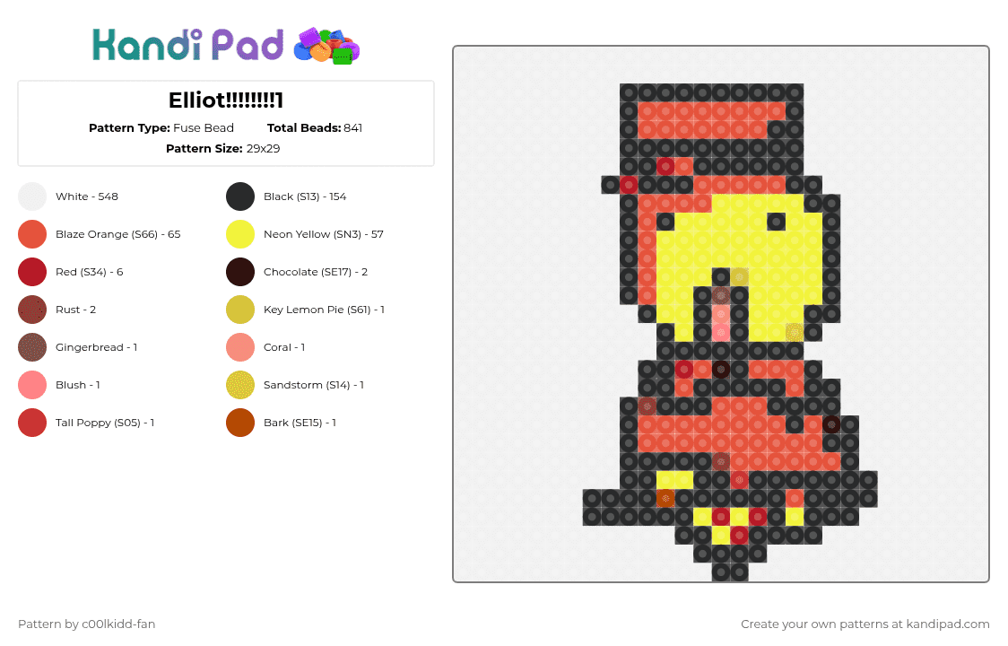 Elliot!!!!!!!!1 - Fuse Bead Pattern by deleted_user_748426 on Kandi Pad - white,red,yellow