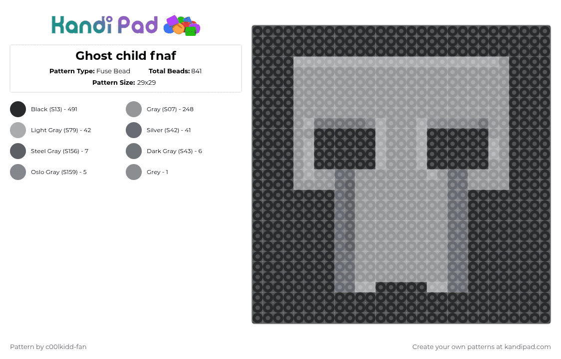 Ghost child fnaf - Fuse Bead Pattern by deleted_user_748426 on Kandi Pad - black,gray