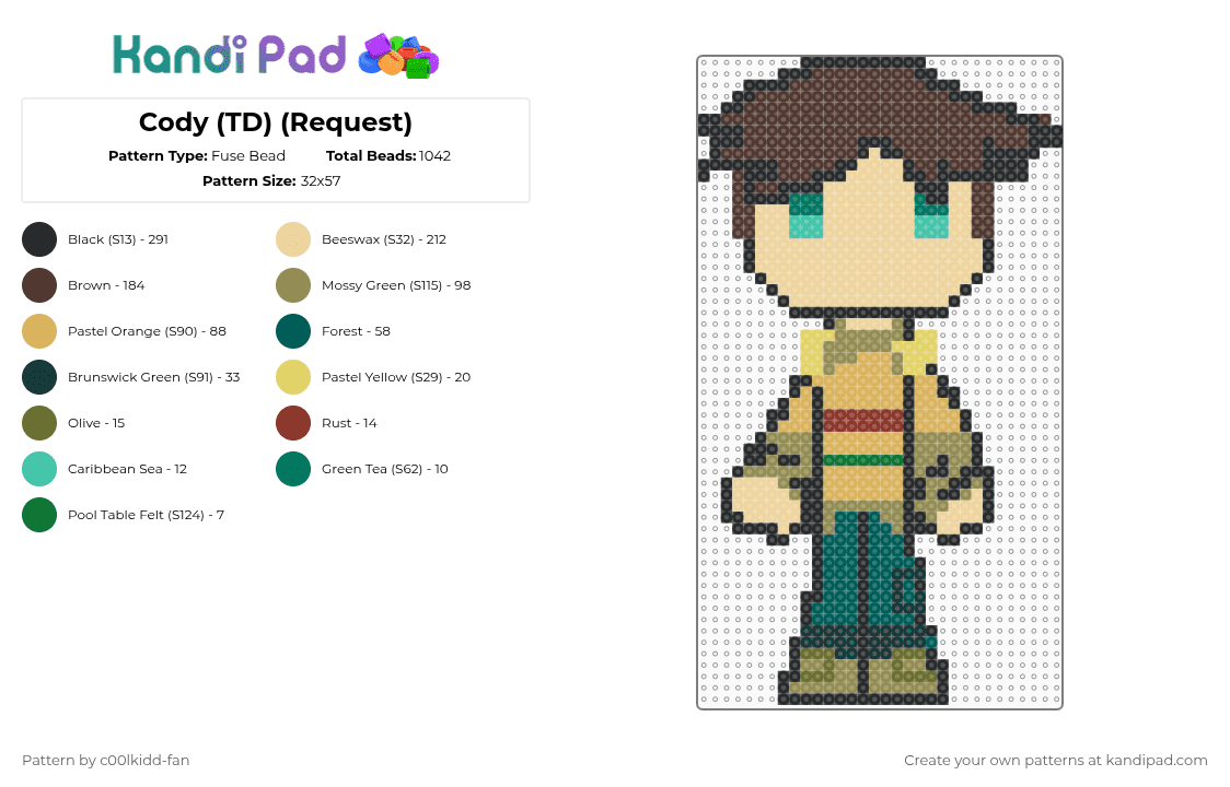 Cody (TD) (Request) - Fuse Bead Pattern by deleted_user_748426 on Kandi Pad - brown,gold,orange,beige