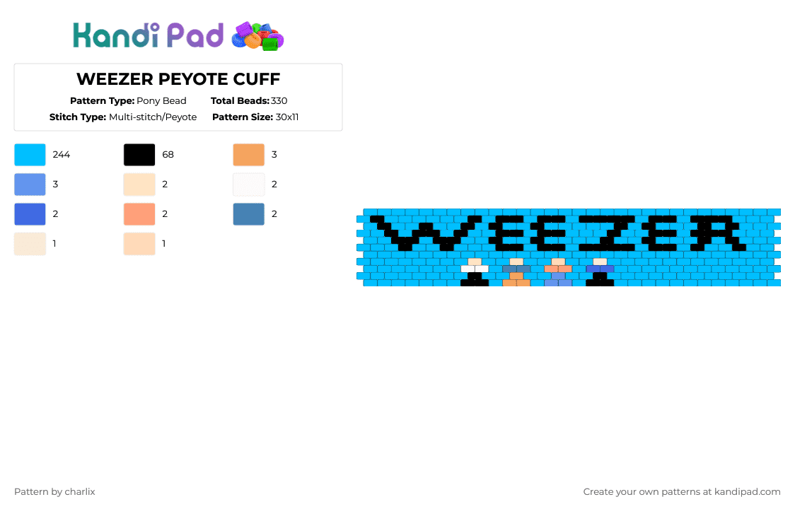 WEEZER PEYOTE CUFF - Pony Bead Pattern by deleted_user_846588 on Kandi Pad - light blue