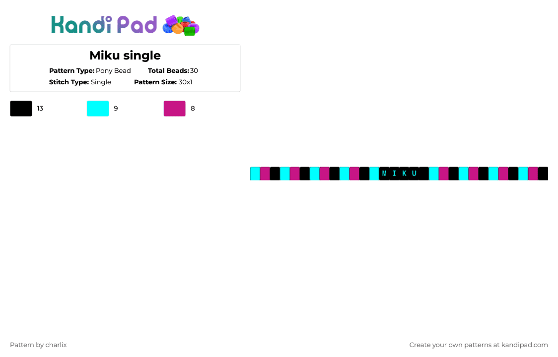 Miku single - Pony Bead Pattern by deleted_user_846588 on Kandi Pad - light blue,pink