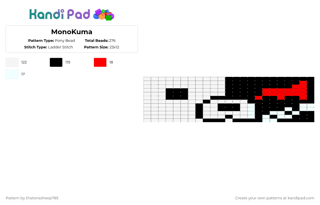 MonoKuma - Pony Bead Pattern by thatonesheep785 on Kandi Pad - white,monokuma,danganronpa,hyperfixation