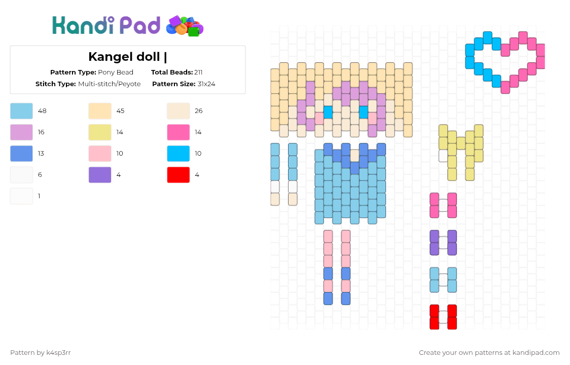 Kangel doll | - Pony Bead Pattern by k4sp3rr on Kandi Pad - pink,light blue,beige