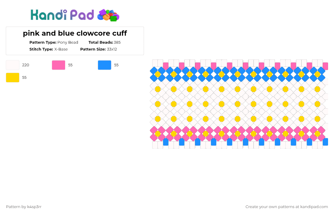 pink and blue clowcore cuff - Pony Bead Pattern by k4sp3rr on Kandi Pad - white,pink,light blue,yellow