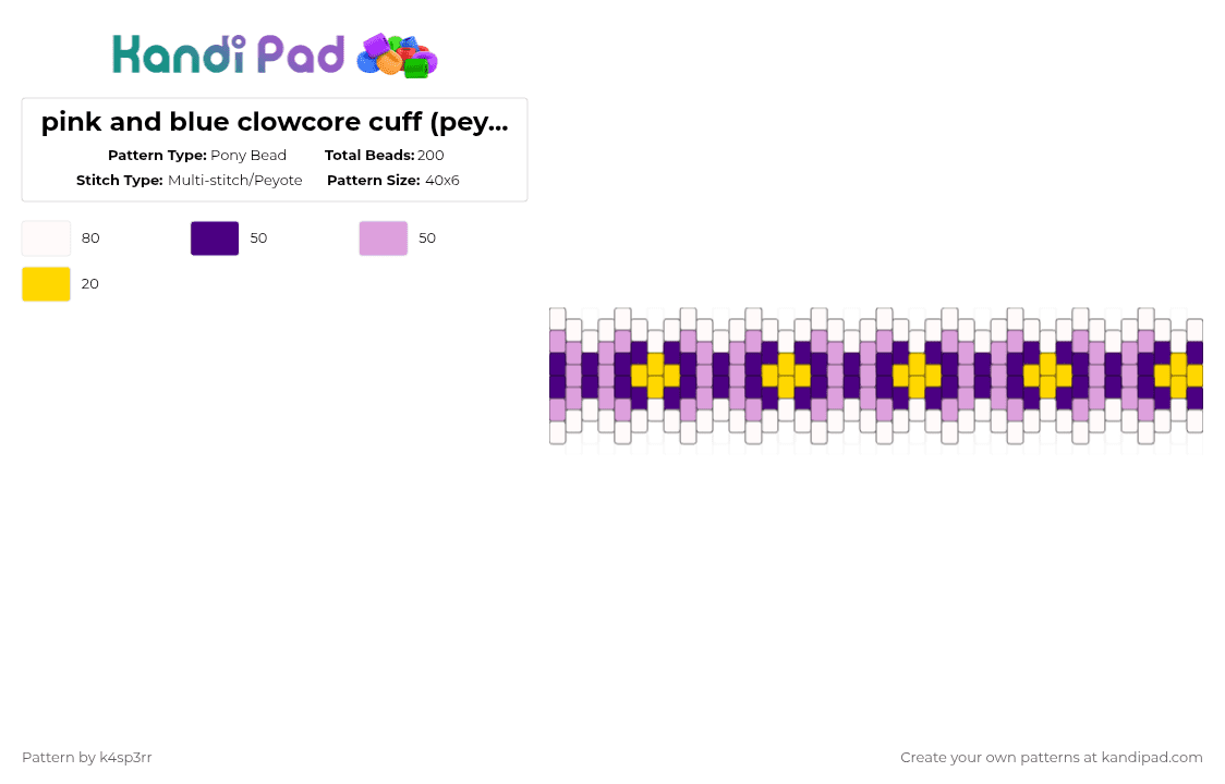 pink and blue clowcore cuff (peyote) - Pony Bead Pattern by k4sp3rr on Kandi Pad - purple,pink