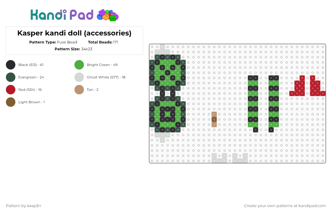 Kasper kandi doll (accessories) - Fuse Bead Pattern by k4sp3rr on Kandi Pad - green,gray