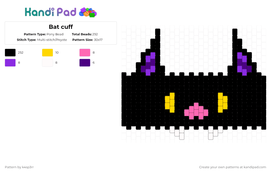 Bat cuff - Pony Bead Pattern by k4sp3rr on Kandi Pad - black,purple