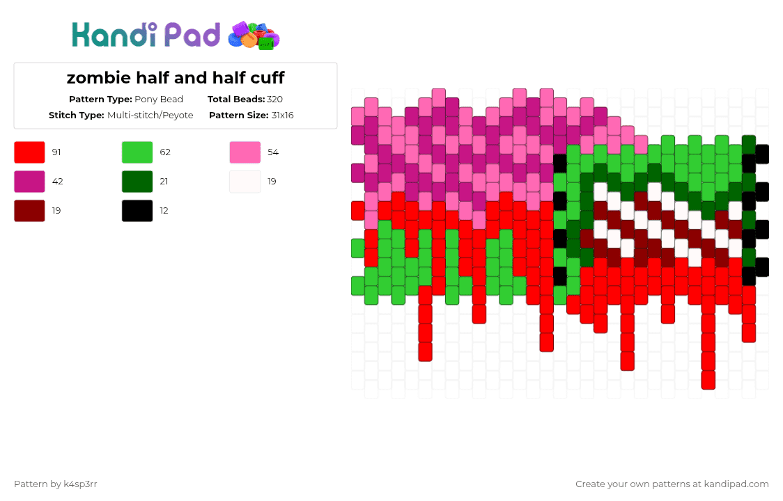 zombie half and half cuff - Pony Bead Pattern by k4sp3rr on Kandi Pad - pink, red