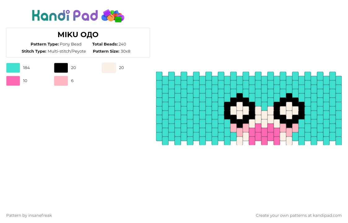 MIKU OДO - Pony Bead Pattern by insanefreak on Kandi Pad - light blue,miku,vocaloid,hatsune miku,y2k