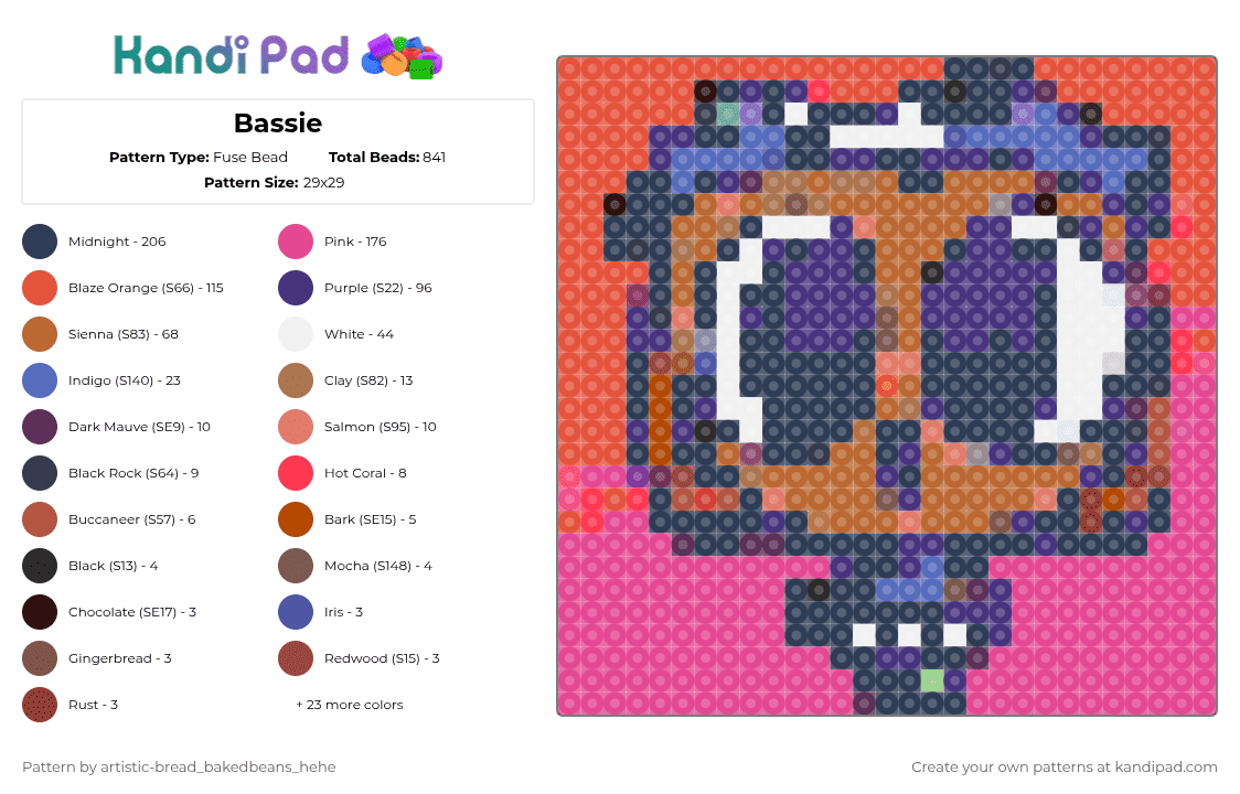 Bassie - Fuse Bead Pattern by artistic-bread_bakedbeans_hehe on Kandi Pad - pink, purple, red, tan