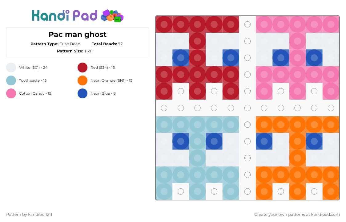 Pac man ghost - Fuse Bead Pattern by kandiboi1211 on Kandi Pad - red,light blue,orange,pink