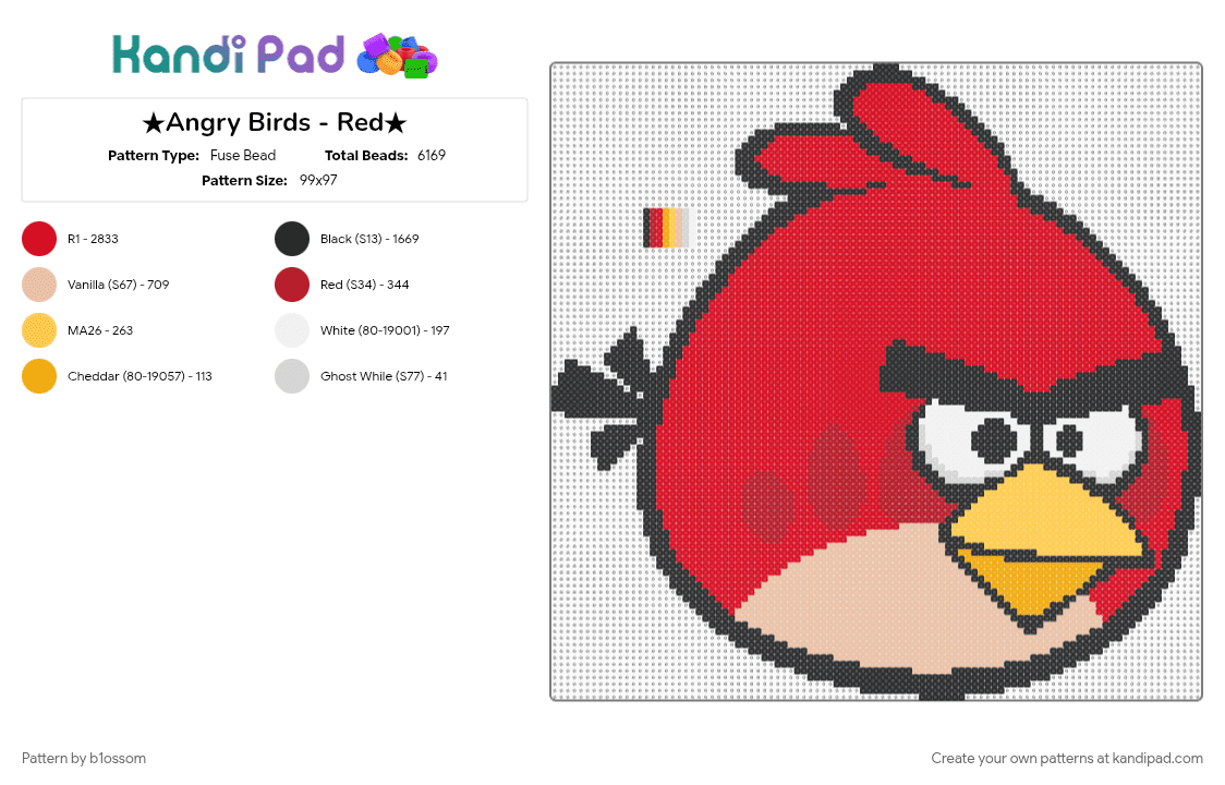 ★Angry Birds - Red★ - Fuse Bead Pattern by b1ossom on Kandi Pad - angry, birds, character, cotdbirds, red, tan, video game, white