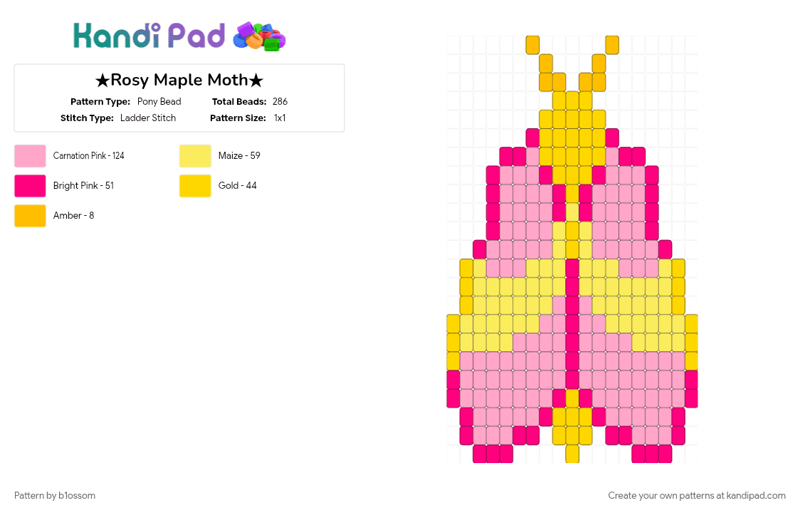 ★Rosy Maple Moth★ - Pony Bead Pattern by b1ossom on Kandi Pad - bug, cute, head, ladder stitch, moth, pink, wings, yellow
