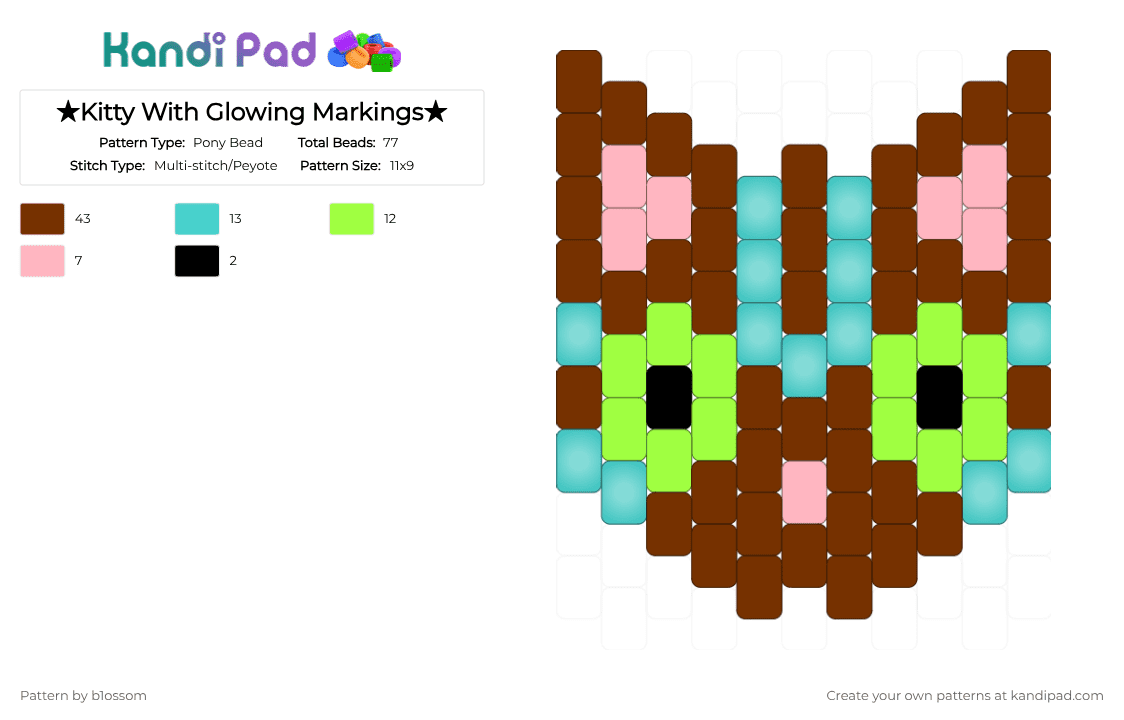 ★Kitty With Glowing Markings★ - Pony Bead Pattern by b1ossom on Kandi Pad - brown,cat,sfw,blue,kitty,eyes,lime,glow