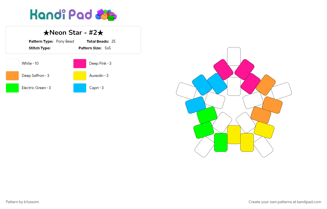 ★Neon Star - #2★ - Pony Bead Pattern by b1ossom on Kandi Pad - charm, colorful, cute, green, orange, pony bead, rainbow, small, small charm, star, white