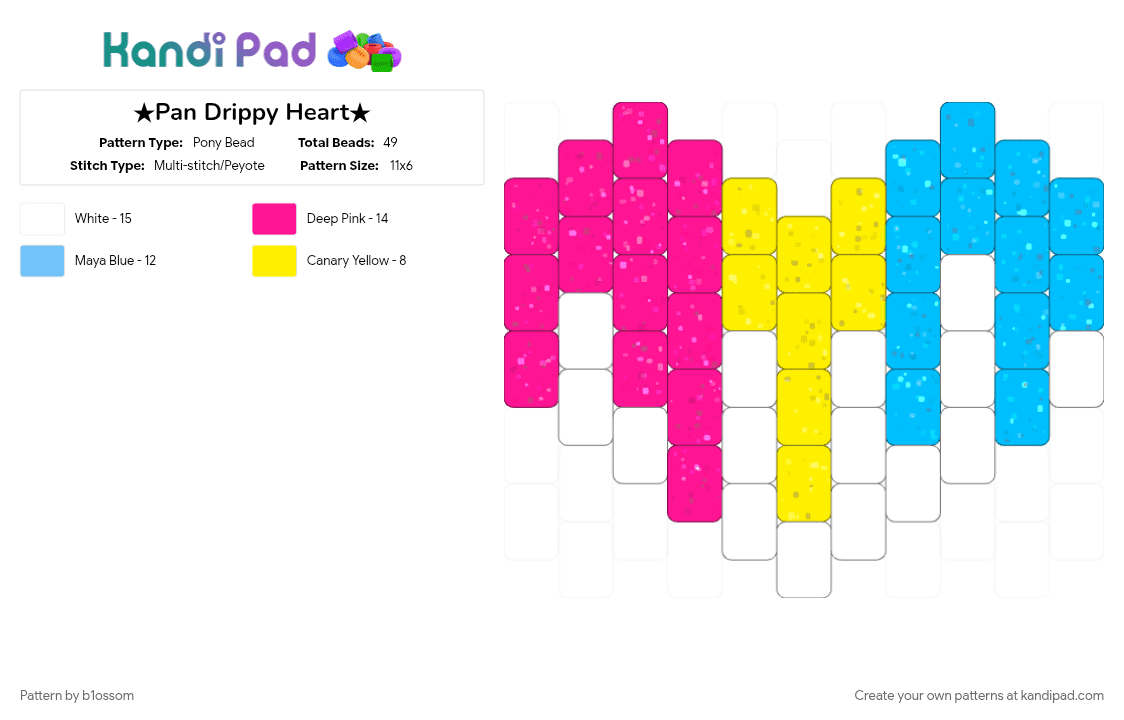 ★Pan Drippy Heart★ - Pony Bead Pattern by b1ossom on Kandi Pad - charm, cute, drip, heart, light blue, pansexual, peyote stitch, pink, pride, small