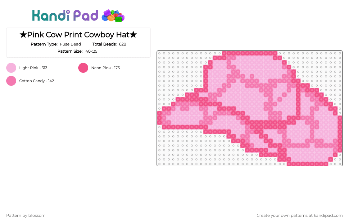 ★Pink Cow Print Cowboy Hat★ - Fuse Bead Pattern by b1ossom on Kandi Pad - color, cow, cowboy, cute, large, perler, pink, western