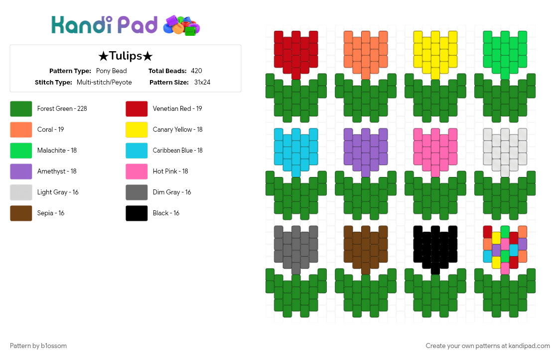 ★Tulips★ - Pony Bead Pattern by b1ossom on Kandi Pad - charm, colorful, cute, flowers, garden, green, sfw, small, tulips