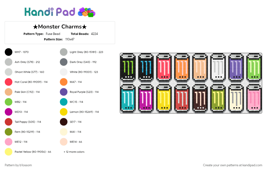 ★Monster Charms★ - Fuse Bead Pattern by b1ossom on Kandi Pad - beige, charm, colorful, cotdmonsters, drink, energy, monster, perler charm, pink, red, vibrant