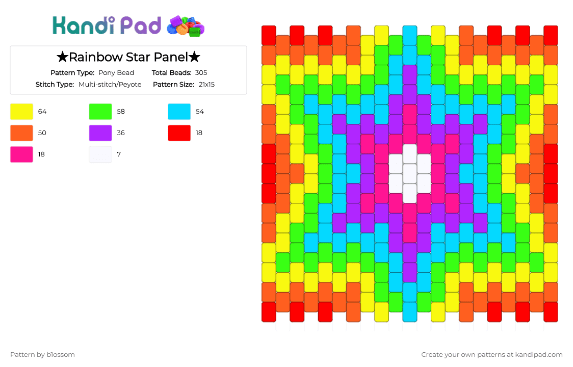 ★Rainbow Star Panel★ - Pony Bead Pattern by b1ossom on Kandi Pad - orange,yellow,green,light blue,red,blue,purple,pink,star