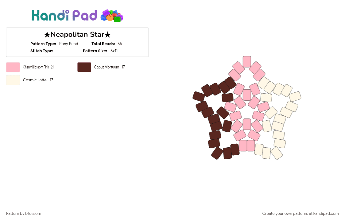 ★Neapolitan Star★ - Pony Bead Pattern by b1ossom on Kandi Pad - brown, cream, cute, ice cream, medium, pink, simple, star