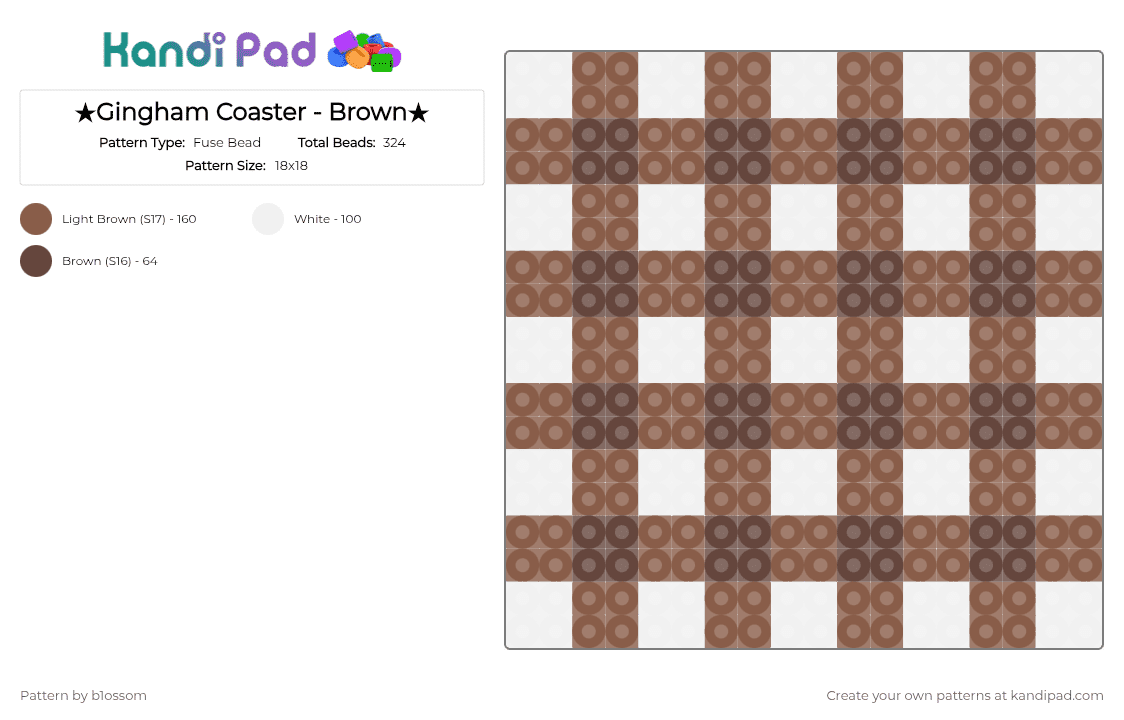 ★Gingham Coaster - Brown★ - Fuse Bead Pattern by b1ossom on Kandi Pad - brown, coaster, cute, cutecore, gingham, perler bead, small, tan, white