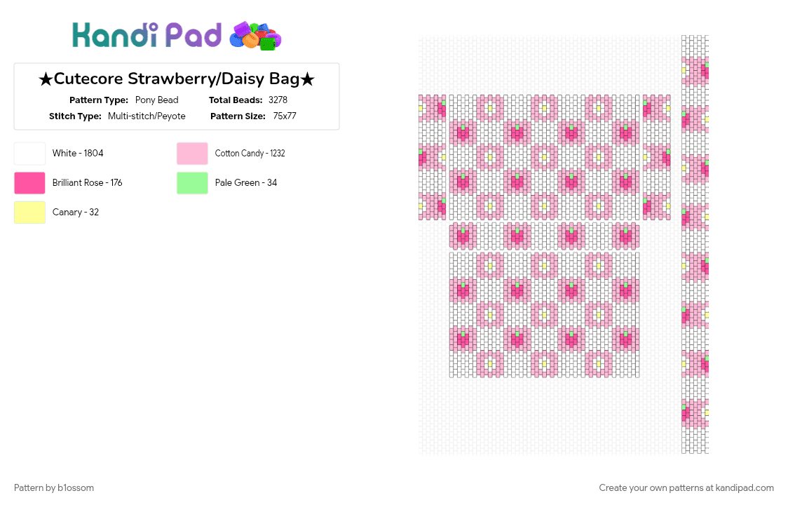 ★Cutecore Strawberry/Daisy Bag★ - Pony Bead Pattern by b1ossom on Kandi Pad - bag, cutecore, flower, panel, pink, strawberry, white, yellow