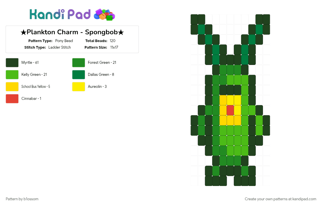 ★Plankton Charm - Spongbob★ - Pony Bead Pattern by b1ossom on Kandi Pad - character, charm, green, plankton, red, small, spongebob, yellow