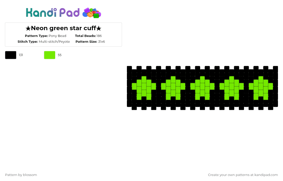 ★Neon green star cuff★ - Pony Bead Pattern by b1ossom on Kandi Pad - green,black,neon,cuff,star,emo,alt