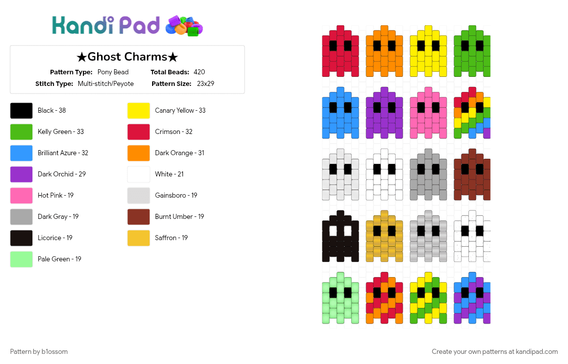 ★Ghost Charms★ - Pony Bead Pattern by b1ossom on Kandi Pad - charm, colorful, dark, ghost, green, halloween, purple, rainbow, red, spooky, stripes, yellow