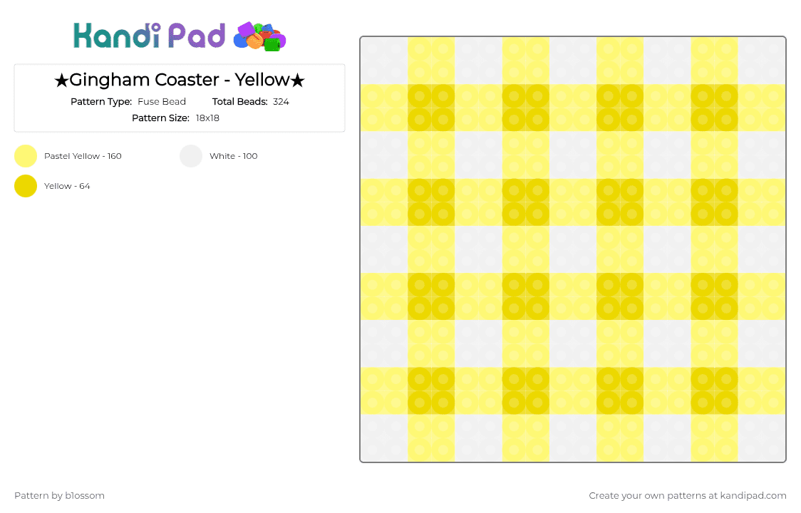 ★Gingham Coaster - Yellow★ - Fuse Bead Pattern by b1ossom on Kandi Pad - coaster, cute, cutecore, gingham, medium, perler bead, small, white, yellow