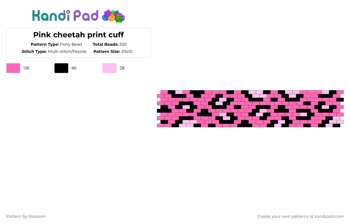 Pink cheetah print cuff - Pony Bead Pattern by b1ossom on Kandi Pad - black,pink
