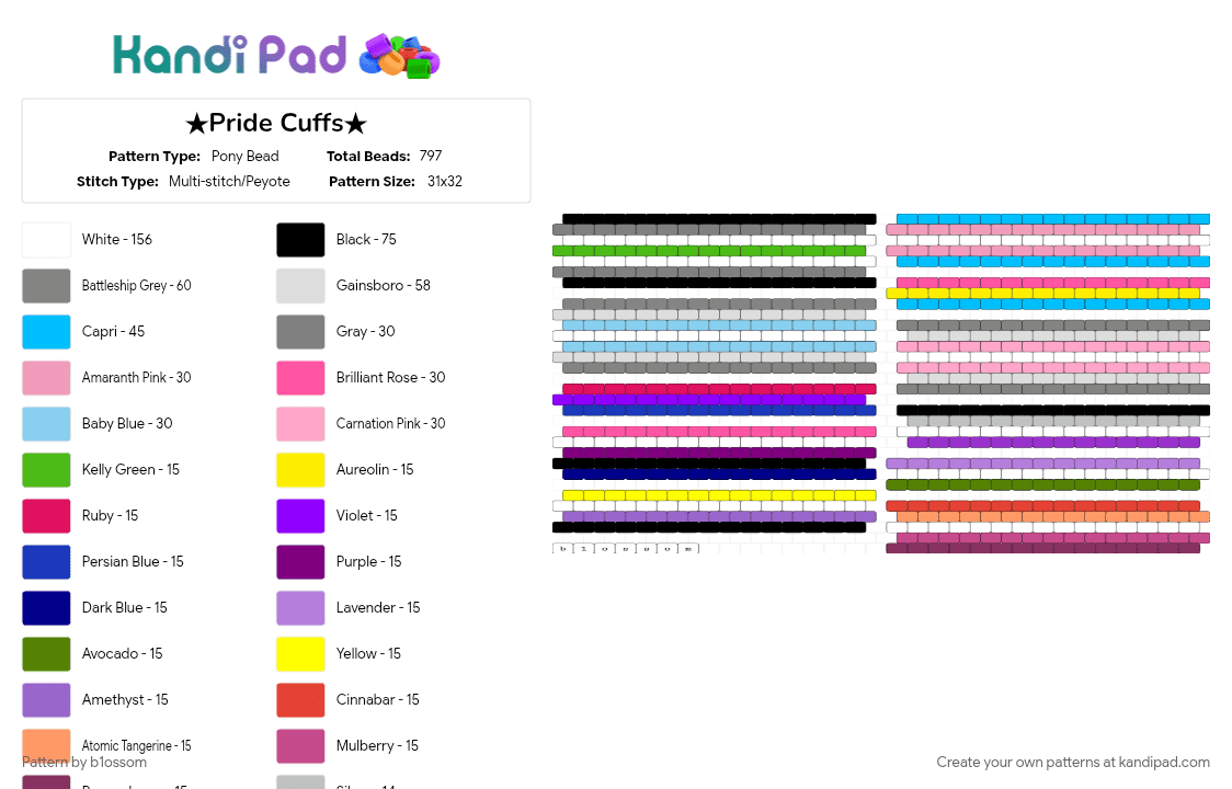★Pride Cuffs★ - Pony Bead Pattern by b1ossom on Kandi Pad - colorful, cuff, cute, gray, lgbtqia, light blue, pink, pride, purple, queer, simple