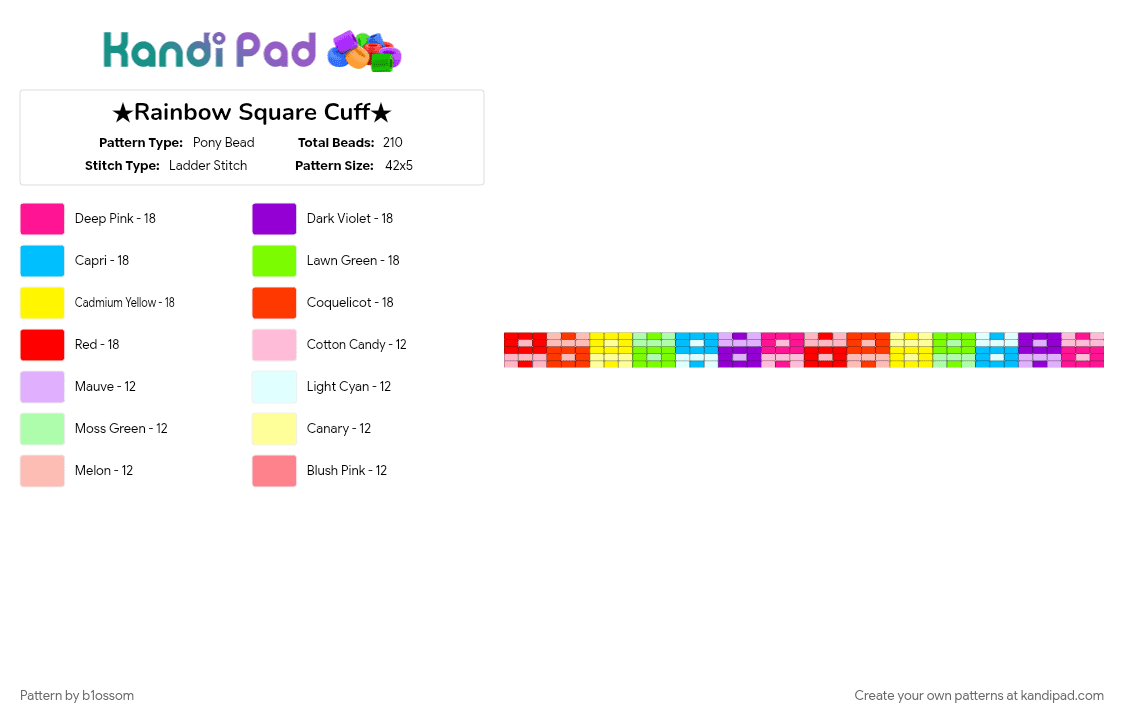 ★Rainbow Square Cuff★ - Pony Bead Pattern by b1ossom on Kandi Pad - bracelet, cotdedm, cuff, cute, large, neon, pastel, pink, red, square, yellow