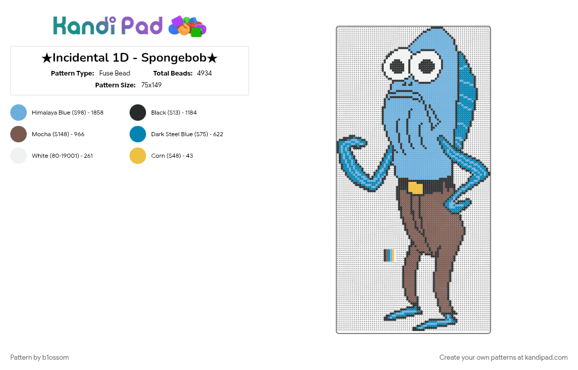 ★Incidental 1D - Spongebob★ - Fuse Bead Pattern by b1ossom on Kandi Pad - blue, brown, cartoon, character, light blue, man, perler bead, spongebob, yellow