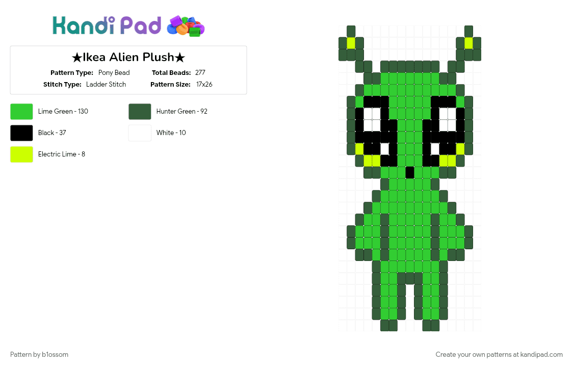 ★Ikea Alien Plush★ - Pony Bead Pattern by b1ossom on Kandi Pad - alien, antennae, character, cute, extraterrestrial, gray, green, ladder stitch, large