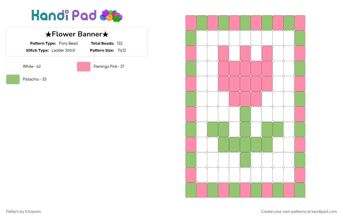 ★Flower Banner★ - Pony Bead Pattern by b1ossom on Kandi Pad - bagcharm, charm, flowers, green, panel, pink, small, white