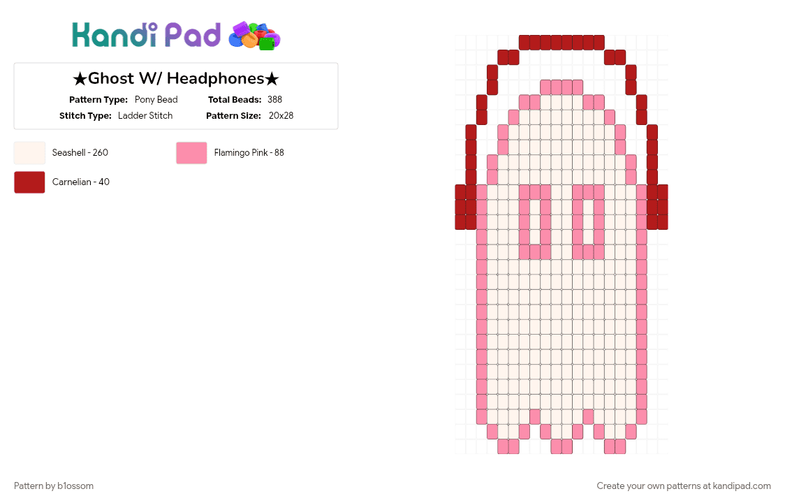★Ghost W/ Headphones★ - Pony Bead Pattern by b1ossom on Kandi Pad - charm, cotdghosts, cutecore, ghost, halloween, music, pink, red, spooky, white