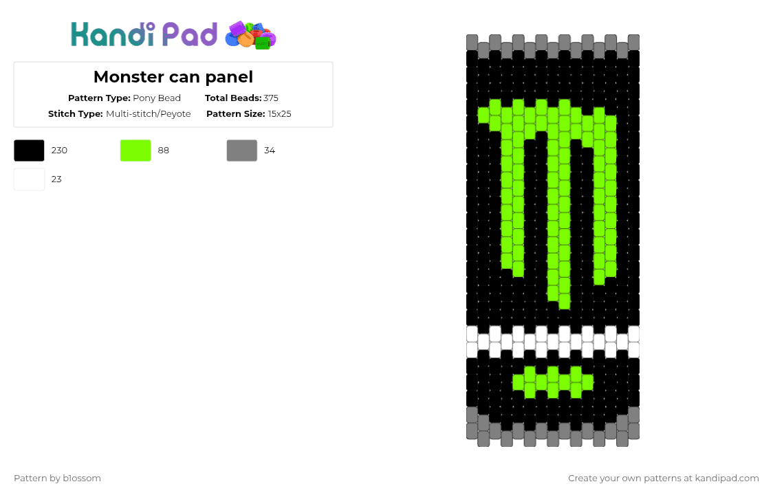 Monster can panel - Pony Bead Pattern by b1ossom on Kandi Pad - black,gray,green