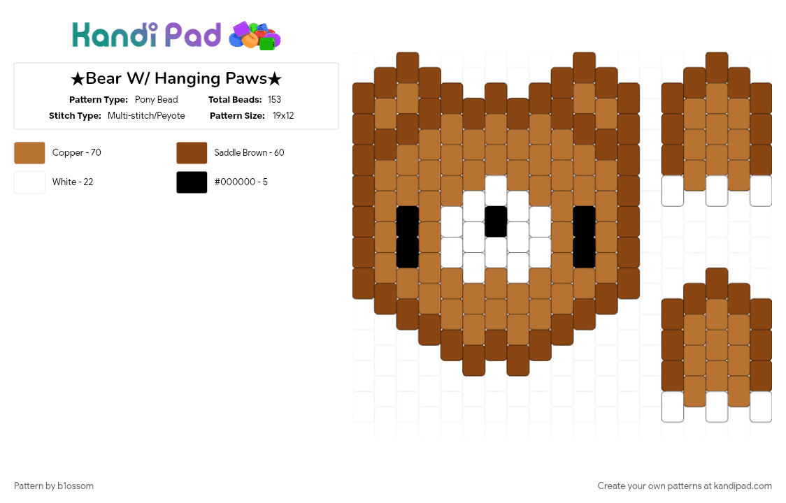 ★Bear W/ Hanging Paws★ - Pony Bead Pattern by b1ossom on Kandi Pad - animal, animals, black, brown, cute, cutecore, kawaii, red, tan, white