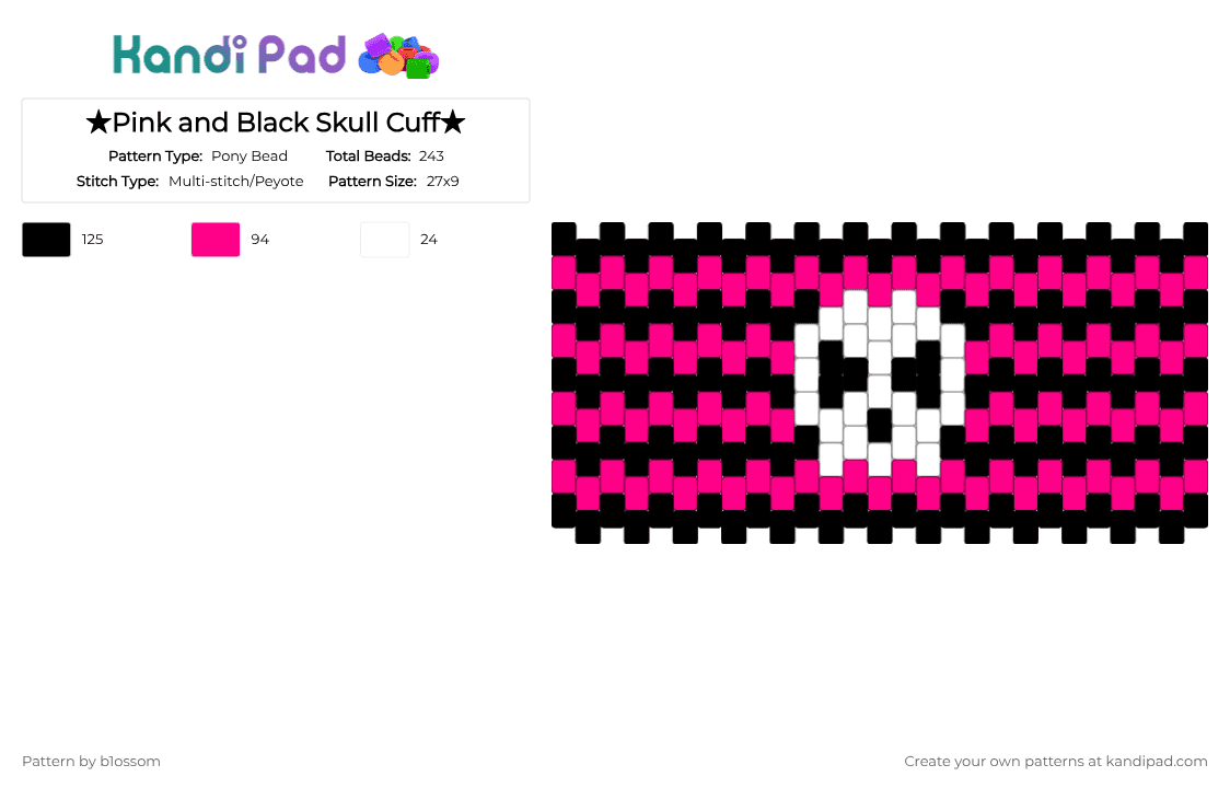 ★Pink and Black Skull Cuff★ - Pony Bead Pattern by b1ossom on Kandi Pad - pink,black,skull,eyes,white,scary,zigzag,color
