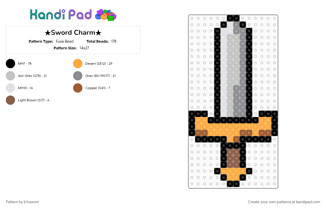 ★Sword Charm★ - Fuse Bead Pattern by b1ossom on Kandi Pad - beige, charm, cotdswords, cute, gray, handle, orange, perler, silver, small, sword