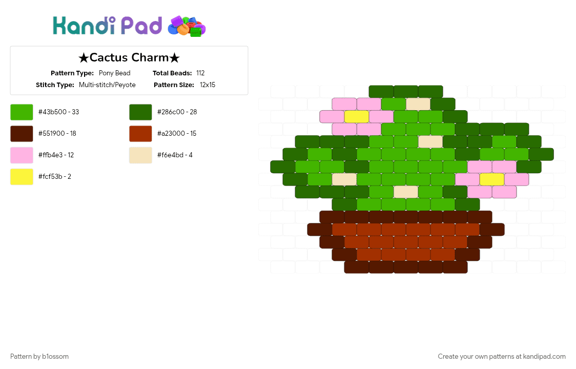 ★Cactus Charm★ - Pony Bead Pattern by b1ossom on Kandi Pad - brown, cactus, charm, flowers, green, pink, pottery, yellow