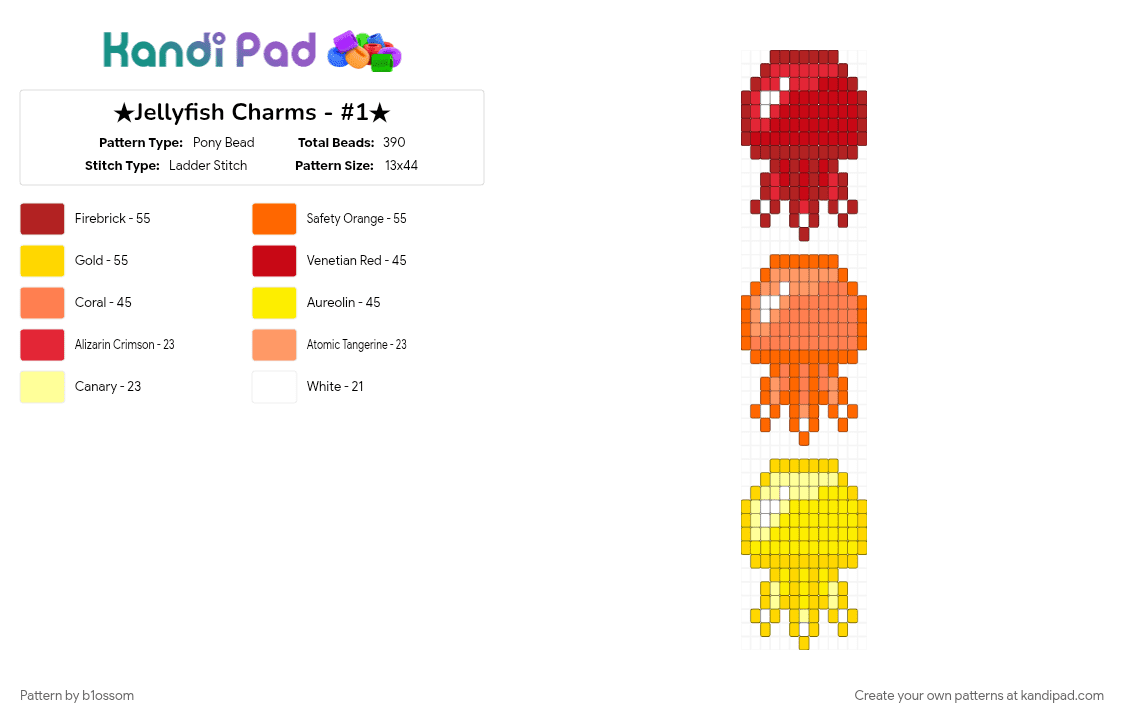 ★Jellyfish Charms - #1★ - Pony Bead Pattern by b1ossom on Kandi Pad - cute, decora, gradient, ladder stitch, orange, red, small, yellow