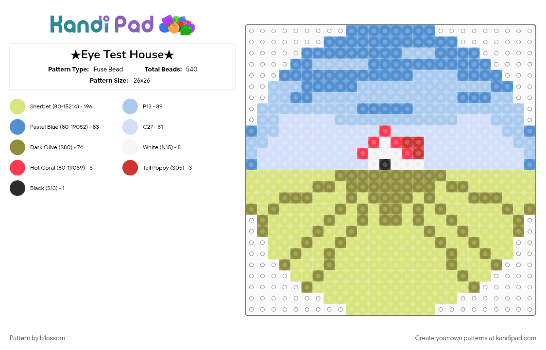 ★Eye Test House★ - Fuse Bead Pattern by b1ossom on Kandi Pad - blue, colorful, cotdsurrealism, dreamcore, green, house, light blue, red, sky, yellow