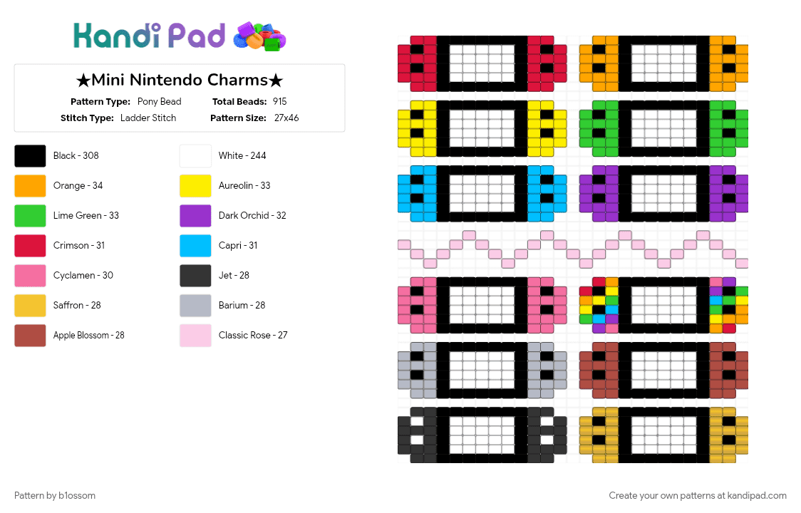 ★Mini Nintendo Charms★ - Pony Bead Pattern by b1ossom on Kandi Pad - charm, colorful, cute, keychain, ladder stitch, nintendo, pink, red, small, video game, white, yellow