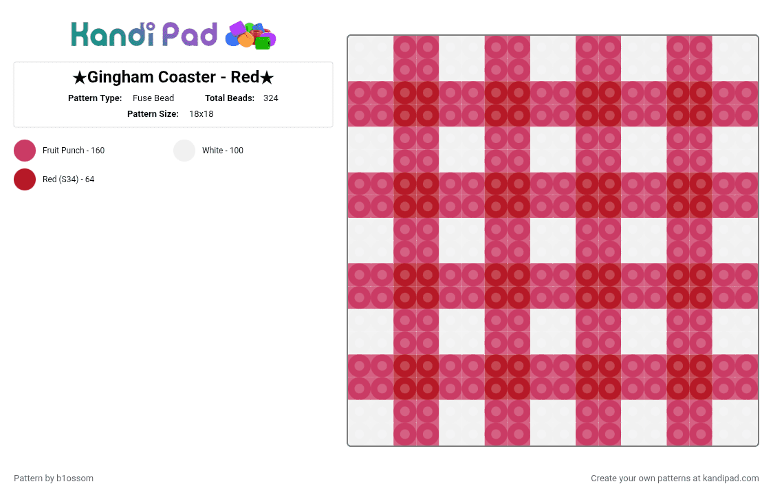 ★Gingham Coaster - Red★ - Fuse Bead Pattern by b1ossom on Kandi Pad - coaster, cute, cutecore, gingham, medium size, pink, red, small